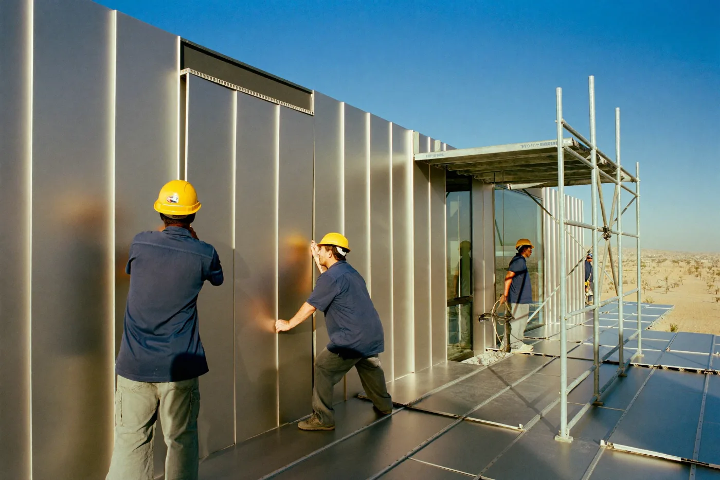 Workers aligning an aluminium cladding panel into its rail system on scaffolding