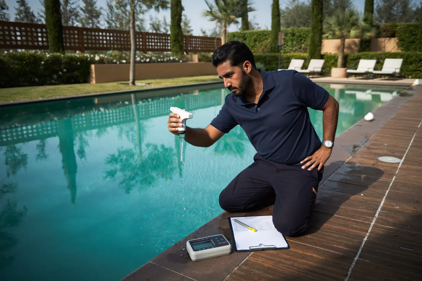 Pool technician testing water with a digital photometer at the pool edge