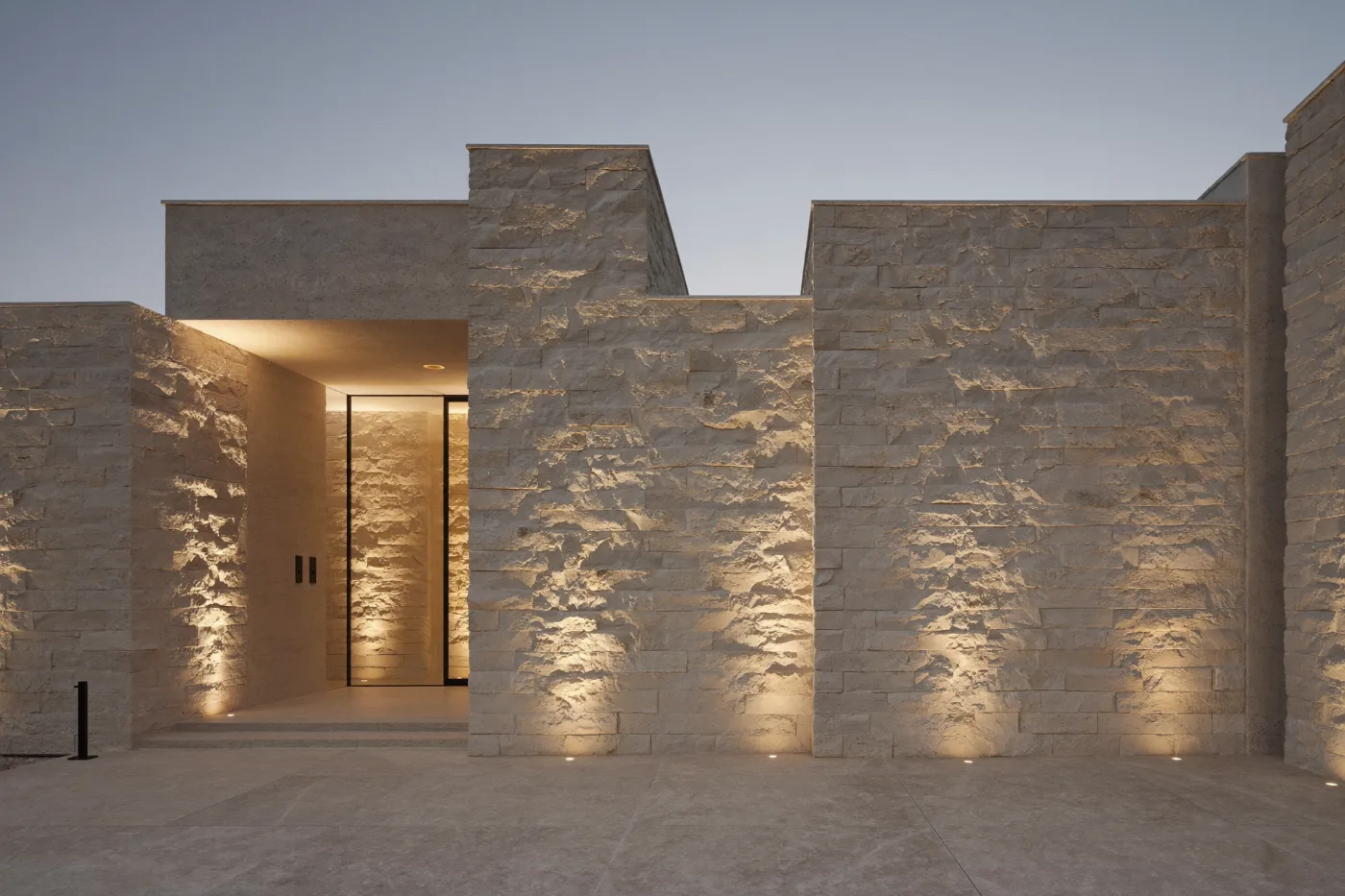 Completed limestone clad villa entrance and feature wall