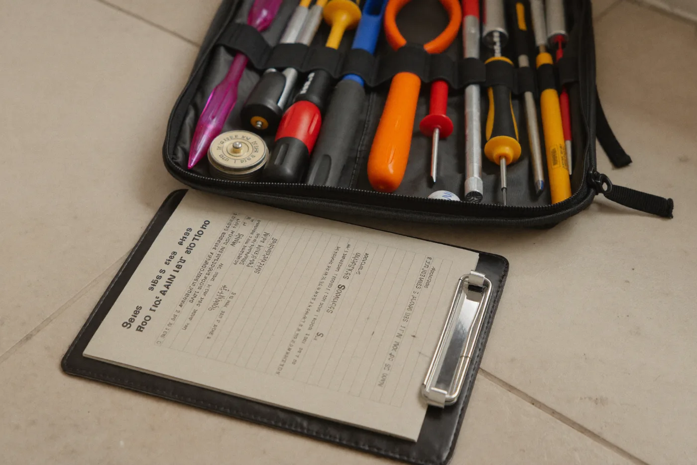 Organised tool bag and maintenance checklist on a villa floor